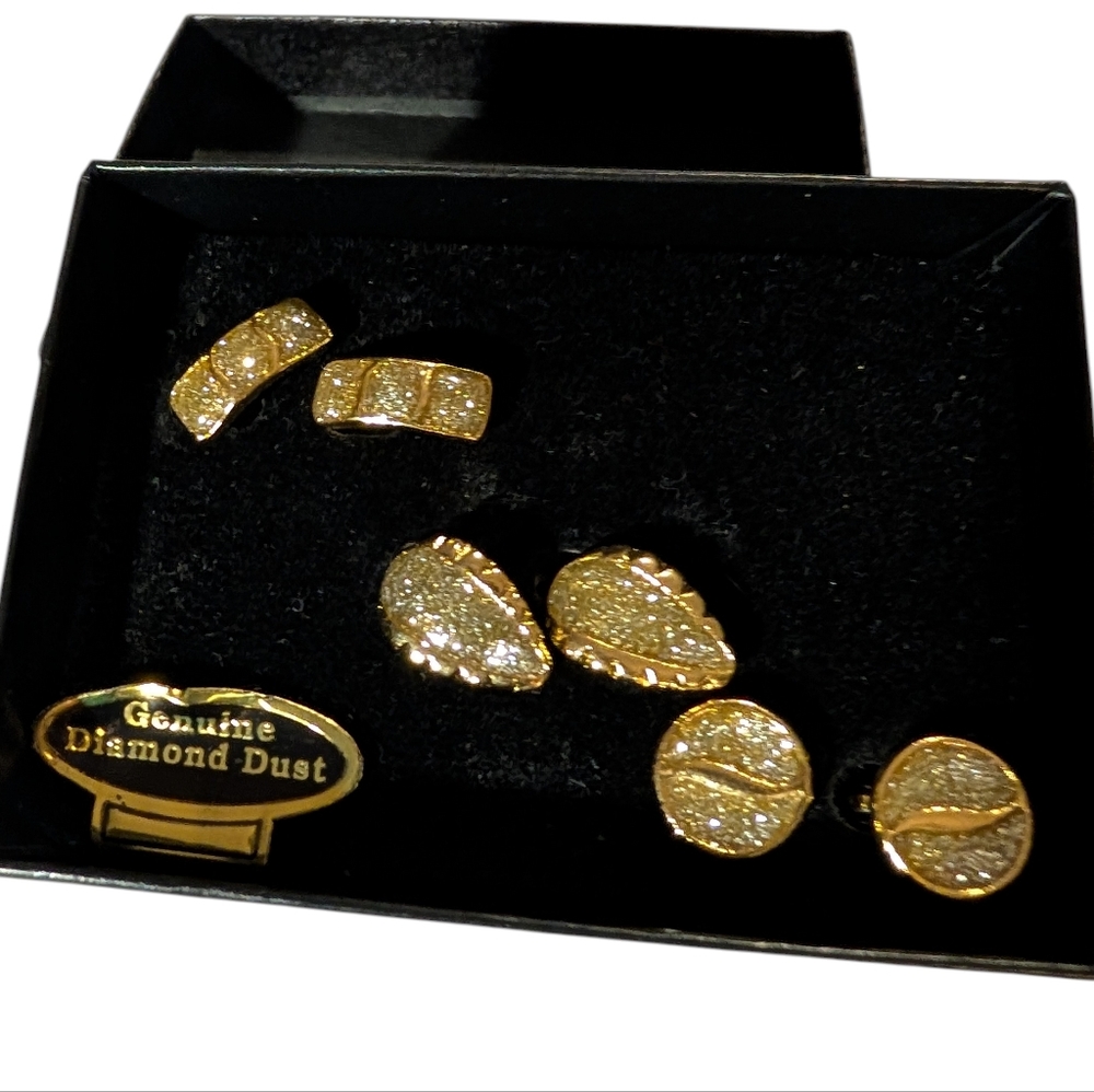 Vintage Diamond Dust Clip On Earrings Jewelry Set Of 3 Gold‎ Tone 80s NIP